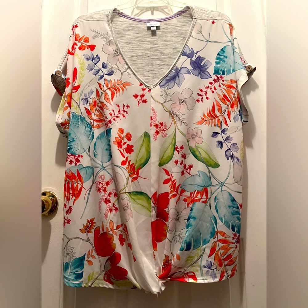 Avenue Shirt Twist Front Tropical Bling Top Contrast front and back fabric